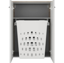 Meuble avec panier à linge coulissant intégré et une étagère.