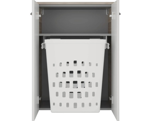Meuble avec panier à linge coulissant intégré et une étagère.