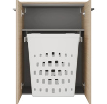 Meuble de salle de bain avec panier à linge amovible intégré en plastique dans un corps en bois.