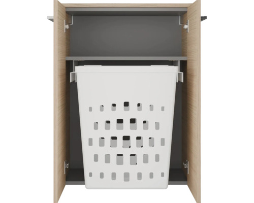 Meuble de salle de bain avec panier à linge amovible intégré en plastique dans un corps en bois.
