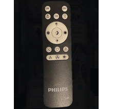 Schwarze Philips Fernbedienung für Deckenventilatoren mit Licht, Tasten für Ein, Aus, Lüftergeschwindigkeit, Lichtsteuerung und Philips Logo.