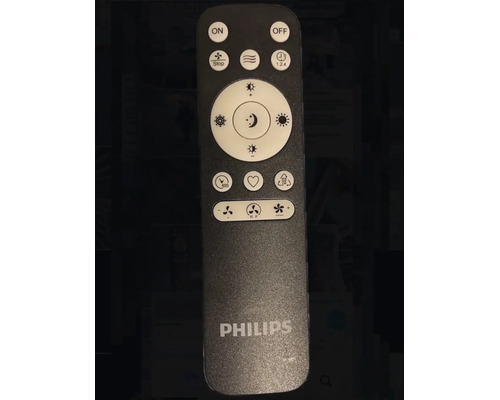 Schwarze Philips Fernbedienung für Deckenventilatoren mit Licht, Tasten für Ein, Aus, Lüftergeschwindigkeit, Lichtsteuerung und Philips Logo.