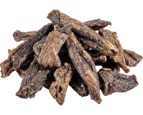 Lanières de viande séchée comme friandise pour chiens et article à mâcher.
