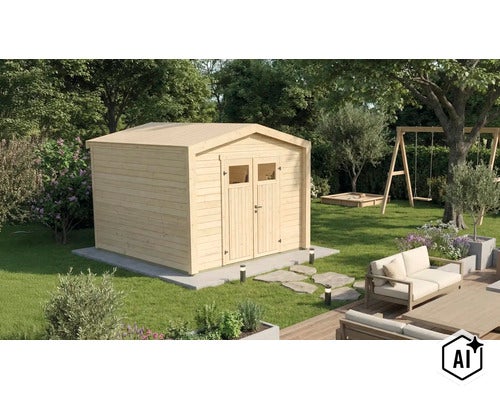Abri de jardin en bois avec toit à deux pans et double porte dans un jardin avec terrasse et aire de jeux. (Image AI modified or generated)