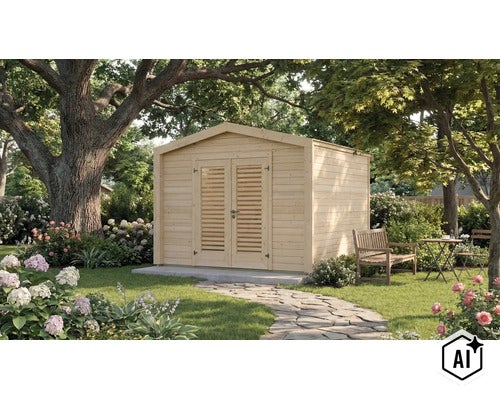 Abri de jardin en bois avec double porte et fenêtres à persiennes dans un jardin avec des arbres et des parterres de fleurs. (Image AI modified or generated)