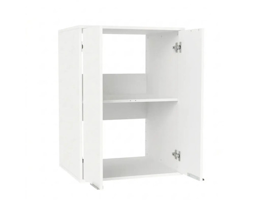 Meuble haut de cuisine blanc avec deux portes ouvertes et une étagère.