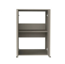 Caisson d'armoire avec une étagère, fond partiellement ouvert et fixations pour charnières.