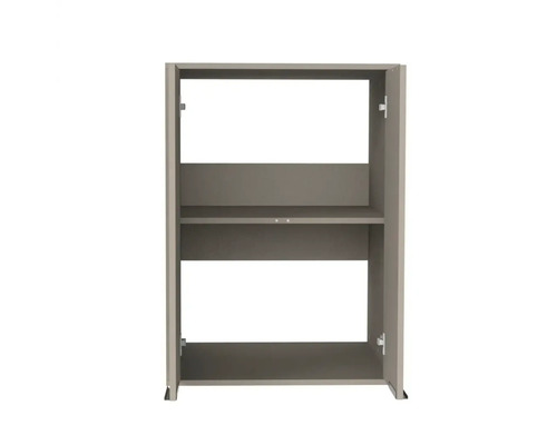 Caisson d'armoire avec une étagère, fond partiellement ouvert et fixations pour charnières.
