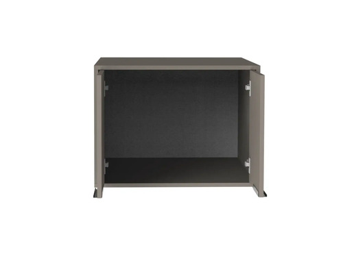 Meuble haut de cuisine gris à deux portes ouvertes