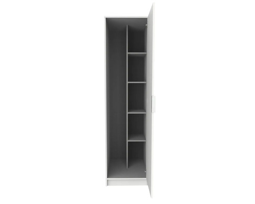 Armoire à balais blanche avec porte ouverte, intérieur gris, un grand compartiment et quatre petites étagères.