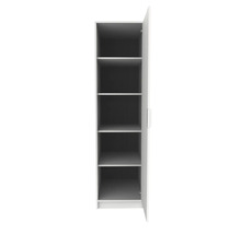 Armoire haute et étroite blanche avec porte ouverte et cinq compartiments.