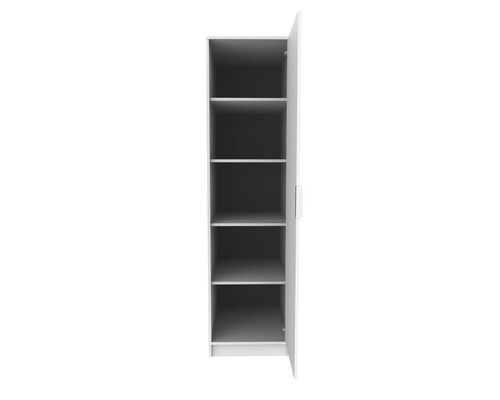 Armoire haute et étroite blanche avec porte ouverte et cinq compartiments.