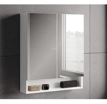 Armoire de toilette moderne pour salle de bain avec deux portes miroirs et une étagère ouverte en bas, fixée sur un mur carrelé.