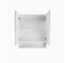 Armoire de toilette blanche ouverte pour la salle de bain avec deux portes, une étagère et un compartiment ouvert en bas.