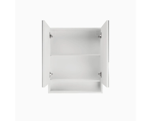 Armoire de toilette blanche ouverte pour la salle de bain avec deux portes, une étagère et un compartiment ouvert en bas.
