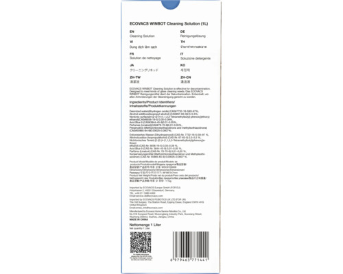 Rückseite der Flasche der ECOVACS WINBOT Reinigungslösung, 1 Liter, mit Inhaltsstoffen, Produktinformationen und Barcode.