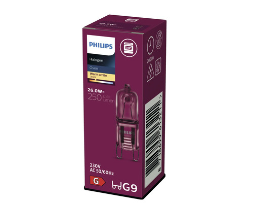 Lampe halogène Philips pour four G9, 26 Watts, 250 lumens, blanc chaud, résistant à la chaleur jusqu'à 300 degrés, durée de vie 2000 heures.