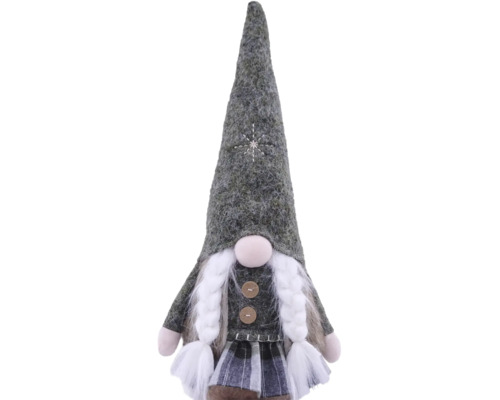 Weihnachts-Wichtel aus Filz mit spitzem Hut, weissen Zöpfen und kariertem Rock.