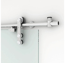 Système de ferrure pour porte coulissante en verre en acier inoxydable avec rail et rouleaux.