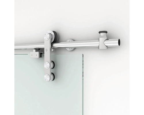 Système de ferrure pour porte coulissante en verre en acier inoxydable avec rail et rouleaux.
