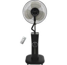 Schwarzer Standventilator mit Sprühnebelfunktion, Fernbedienung und digitaler Anzeige.