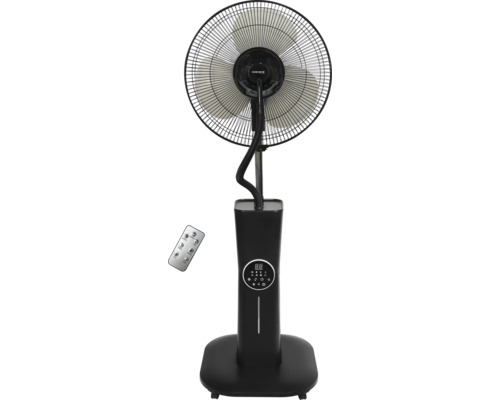 Schwarzer Standventilator mit Sprühnebelfunktion, Fernbedienung und digitaler Anzeige.