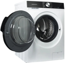 Kibernetik Frontlader Waschmaschine mit geöffneter Glastür und Edelstahltrommel.
