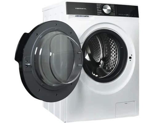 Kibernetik Frontlader Waschmaschine mit geöffneter Glastür und Edelstahltrommel.