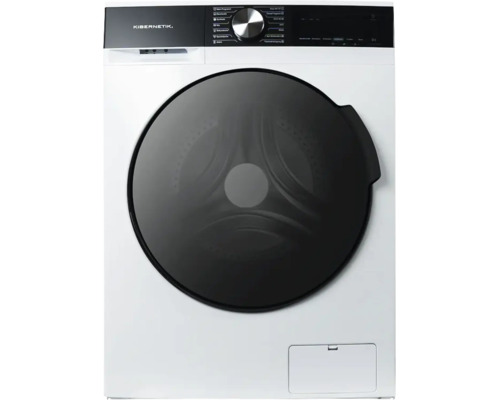 Kibernetik Waschmaschine Frontlader mit schwarzem Bullauge, digitalem Display, silbernem Drehregler und Kibernetik Logo.
