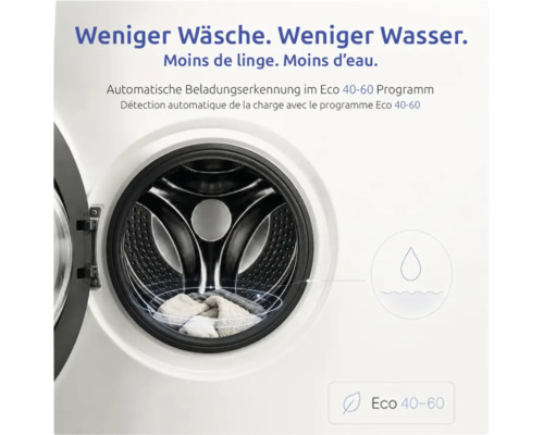 Automatische Beladungserkennung für reduzierten Wasserverbrauch im Eco 40 bis 60 Grad Waschprogramm.