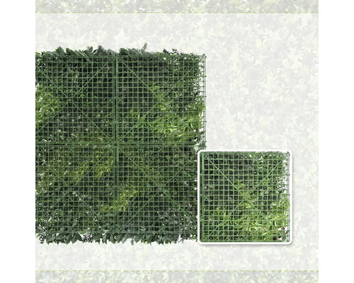 Vue arrière d'un mur végétal artificiel vert avec structure en grille plastique.