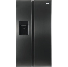 Side-by-Side Kühlschrank von Kibernetik mit integriertem Wasser- und Eisspender in dunkler Edelstahloptik.