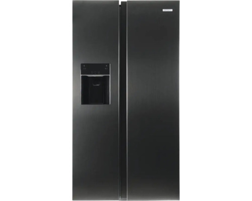 Side-by-Side Kühlschrank von Kibernetik mit integriertem Wasser- und Eisspender in dunkler Edelstahloptik.