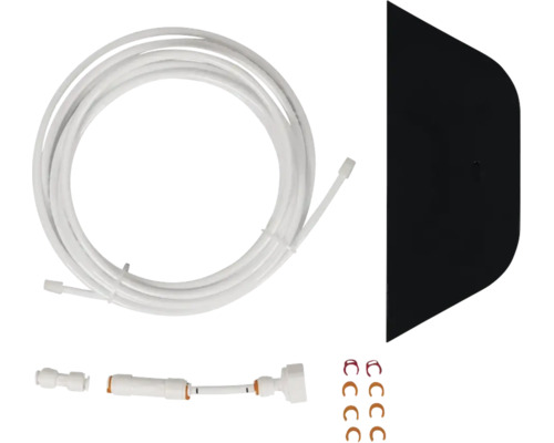 Anschluss-Set für Wasserfilter mit Schlauch, Halterung, Verbindungsstücken und Sicherungsclips.
