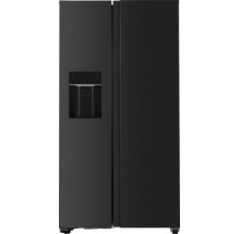 Side-by-Side-Kühlschrank in Mattschwarz mit Wasser- und Eisspender an der linken Tür.