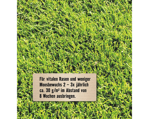 Dichte Rasenfläche mit Hinweistext zur Anwendung von Rasendünger gegen Moos zwei bis drei Mal jährlich circa 30 Gramm pro Quadratmeter.