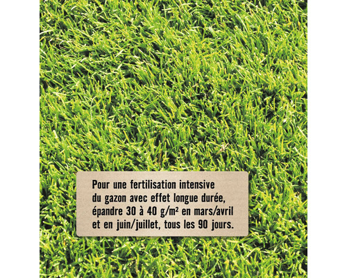 Instructions pour la fertilisation intensive du gazon : épandre 30 à 40 grammes par mètre carré en mars ou avril et juin ou juillet, tous les 90 jours.