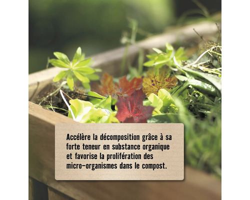 Composteur en bois rempli de feuilles et déchets verts. Texte expliquant que le produit accélère la décomposition du compost.