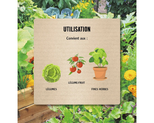 Conseils d'utilisation pour la culture de légumes, de légumes-fruits et d'herbes aromatiques.