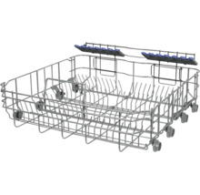 Panier inférieur pour lave-vaisselle en fil métallique revêtu avec roulettes et supports à assiettes rabattables.
