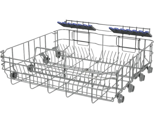 Panier inférieur pour lave-vaisselle en fil métallique revêtu avec roulettes et supports à assiettes rabattables.