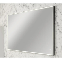 Miroir de salle de bain rectangulaire avec cadre noir, éclairage LED intégré sur le bord intérieur et bouton tactile.
