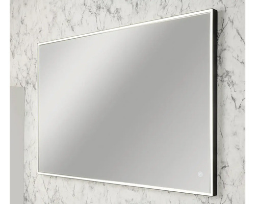 Miroir de salle de bain rectangulaire avec cadre noir, éclairage LED intégré sur le bord intérieur et bouton tactile.