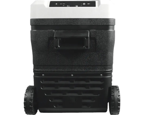 Mobile elektrische Kühlbox mit Rollen, einem seitlichen Griff und einem digitalen Bedienfeld auf der Oberseite.