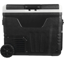 Tragbare elektrische Kühlbox aus schwarzem und weißem Kunststoff mit Rollen und Lüftungsschlitzen.