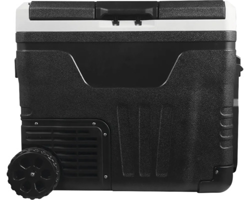 Tragbare elektrische Kühlbox aus schwarzem und weißem Kunststoff mit Rollen und Lüftungsschlitzen.