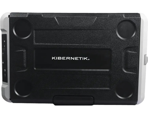 Draufsicht auf den Deckel einer Kibernetik Kühlbox mit Kibernetik Logo, vier Getränkehaltern und seitlichem Bedienfeld.