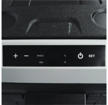 Digitales Bedienfeld einer Kühlbox mit Plus und Minus Tasten sowie Anzeigen für Grad Celsius und Grad Fahrenheit.