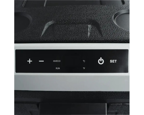 Digitales Bedienfeld einer Kühlbox mit Plus und Minus Tasten sowie Anzeigen für Grad Celsius und Grad Fahrenheit.