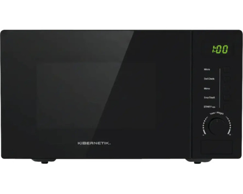 Kibernetik Mikrowelle in Schwarz mit digitaler Anzeige, Drehrad und Drucktaste zum Öffnen.